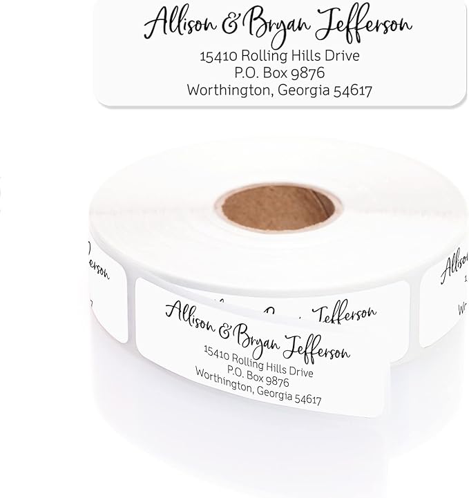 Black and White Cursive Rolled Address Labels /500 Personalized Return Address Labels/Designer Address Stickers in Elegant Plastic Dispenser