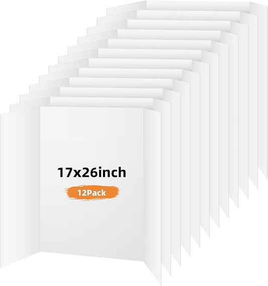 12 Pack Trifold Poster Board, 17x26 Inches White Presentation Board, Portable Display Board for Science Fair, School DIY Project and Business Exhibitions
