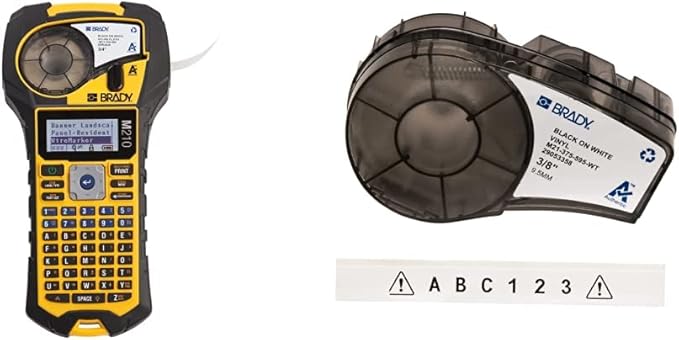 Brady M210 Portable Label Printer with Rubber Bumpers, Multi-Line Print, 6 to 40 Point Font & Authentic (M21-375-595-WT) All-Weather Vinyl Label for Indoor/Outdoor ID, Lab and Equipment Labeling