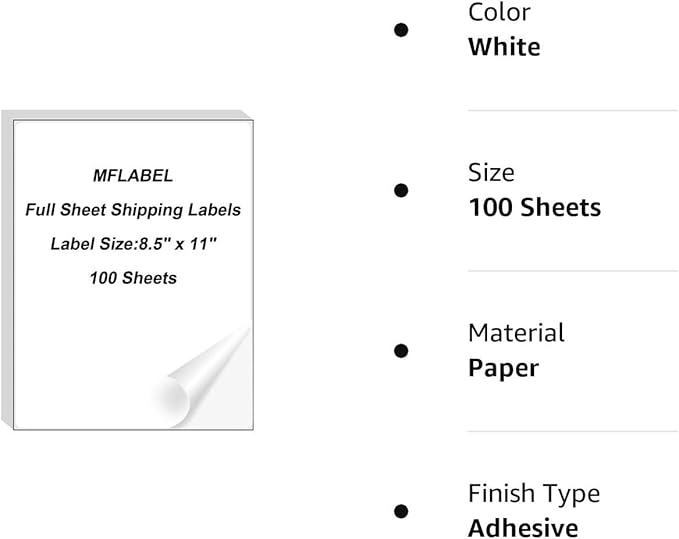 MFLABEL Full Sheet Sticker Label, Address Sticker, White Matte Label Paper, 8-1/2" x 11" Shipping Labels for Laser & Inkjet Printer (2500 Labels, 2500 Sheets)