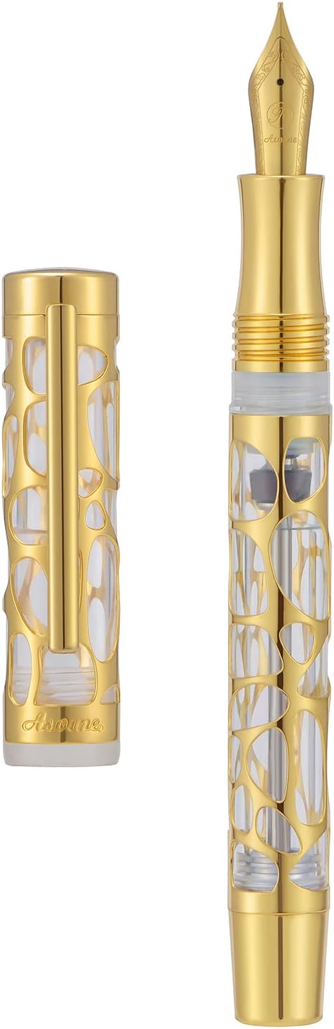 Asvine V169 Vacuum Filling Fountain Pen Fine Nib, Water Drop Skeleton Gold Trim Transparent Clear Acrylic Pen Case Set