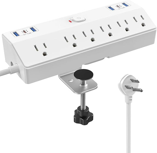 40W Fast Charging Station, Desk Clamp Power Strip, JXGUCAT Removable Desk Clamp Mount Power Strip Surge Protector, 2 USB-C Ports, 6 AC Outlets and 10ft Cord, Fits 1.8" Tabletop Edge