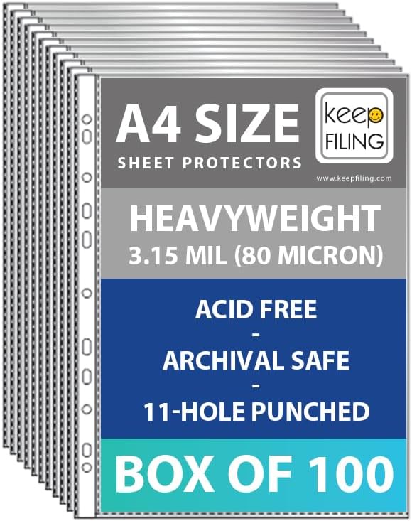 A4 Sheet Protectors, Top Load, Heavyweight, Pre-Punched 11 Holes, Glass Clear, Acid Free, 100 per Box