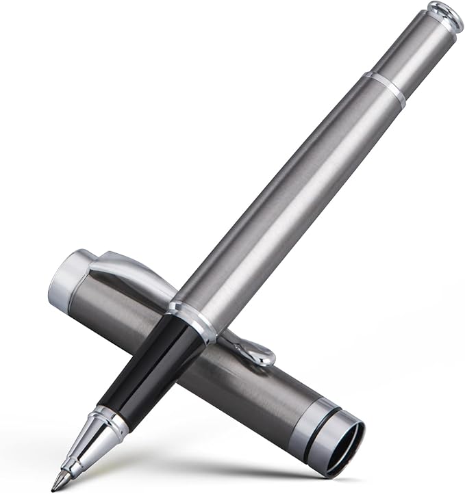 BEILUNER Silver Ballpoint Pens, Stainless Steel Body, Smooth Writing Experience, Dishwasher Safe, Gift Box with Extra Refill