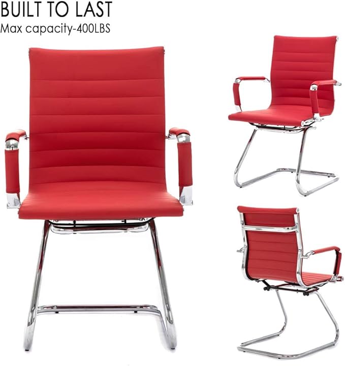 Office Desk Chair Set of 8,No Wheels PU Leather Computer Chairs Mid Back Guest Chairs with Seld Base for School/Reception/Conference/Waiting Room,Burgundy Red