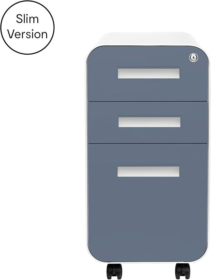 Laura Davidson Furniture Stockpile Slim 3-Drawer Mobile File Cabinet with Lock - Under Desk Metal Filing Cabinet, Legal/Letter File Folders, Wheels & Stationary Feet, Assembled, Coastal Blue Faceplate