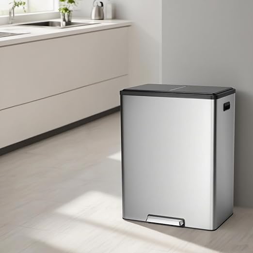 Dual Trash Can with Lid, 16 Gallon/60L Stainless Steel Recycling Trash Bin with 2 Removable Waste Buskets and Wide Pedal, Modern Garbage Bin for Home Kitchen