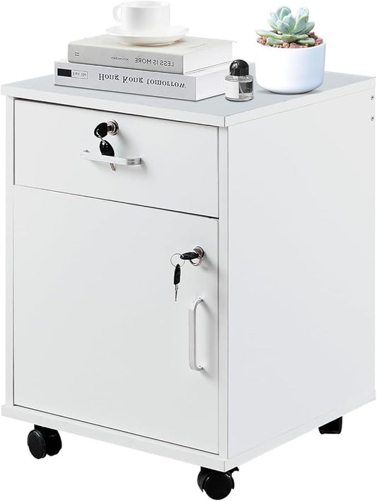 TUKAILAi Mobile File Cabinet with Lockable Drawer & Door, Under Desk Rolling Filing Cabinet with 4 Wheels, Wooden Stationery Storage Cabinet for Home Office (White)