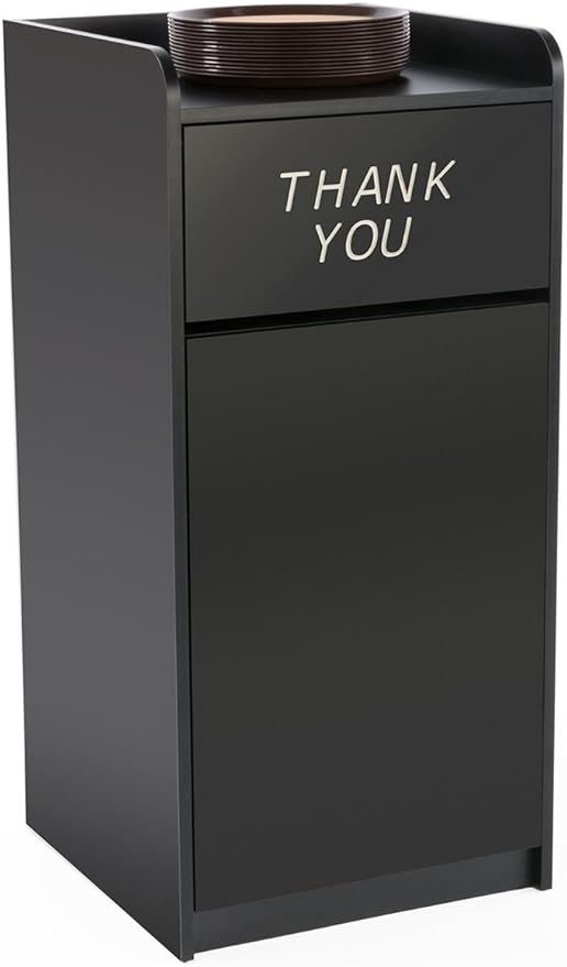 36 Gallon Restaurant Fast Food Trash Bin, Receptacle with Door, Tray Holder (Black Melamine)