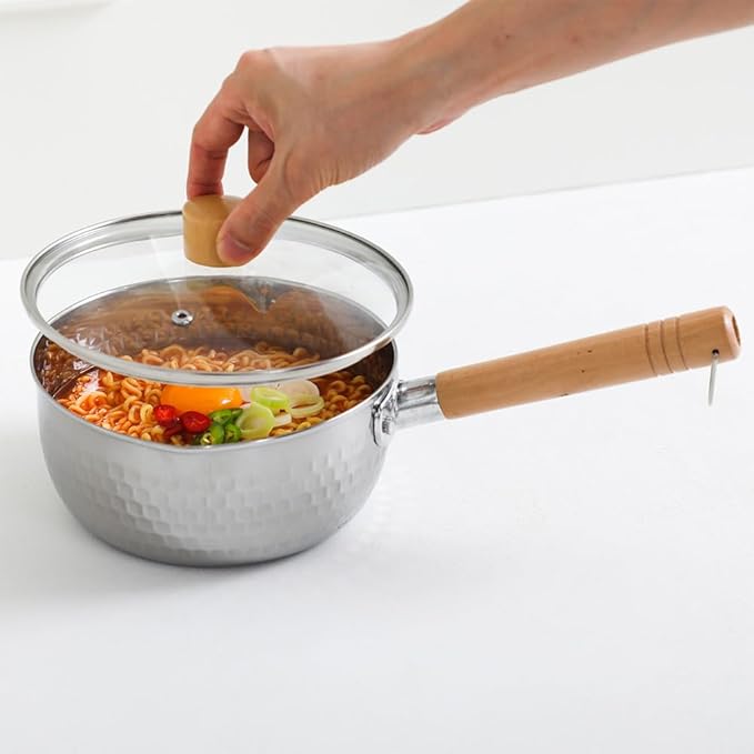 1.5 Quart Stainless Steel Pot With Glass Lid. Traditional Japanese Saucepan Wth Wood Handle, Multipurpose Sauce Pan With Two Side Pour Spouts & Measurement Line, Great for Ramen, Milk etc.