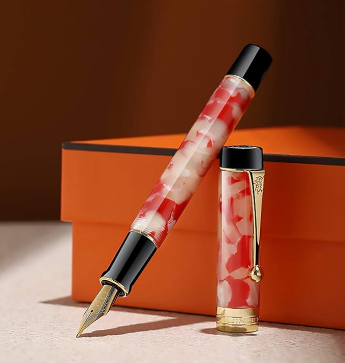 Jinhao 100 Fountain Pen Celluloid Classic Style, #6 Nib Smooth Writing Instrument with Refillable Converter and Pen Case Set