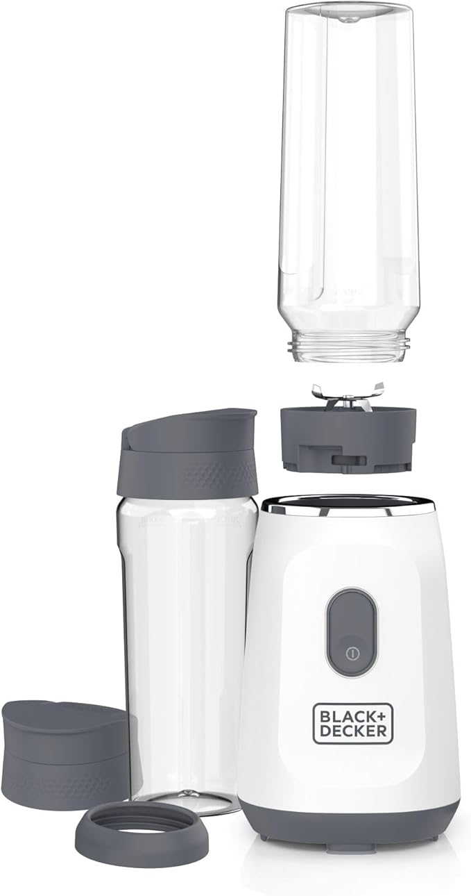 BLACK+DECKER® Ice Crush Single Serve Blender with Pulse/ON Button, Base, Two 20oz Personal Blender Jars, Blade Assembly, Travel Lid, White