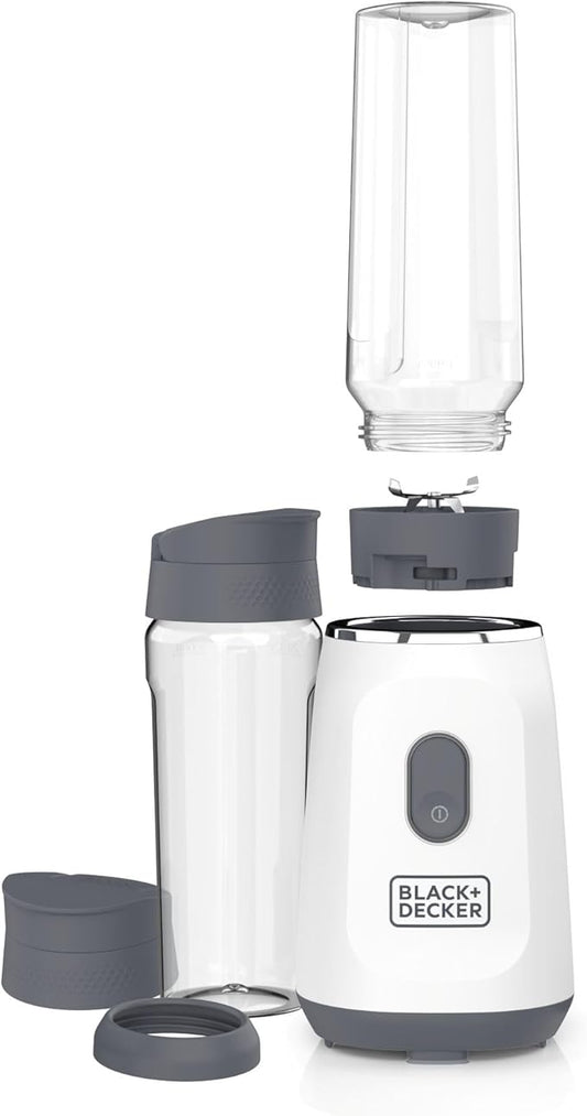 BLACK+DECKER® Ice Crush Single Serve Blender with Pulse/ON Button, Base, Two 20oz Personal Blender Jars, Blade Assembly, Travel Lid, White