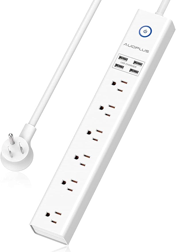 Power Strip 10Ft - Surge Protector with USB, AUOPLUS 6 Outlet and 4 USB Charger, 10Ft Long Extension Cord Flat Plug(1250W/10A/2100J), Wall Mountable Overload Protection for Computer Home Office Dorm