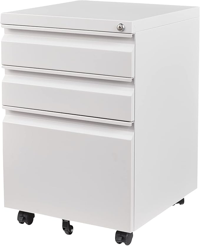 3 Drawer File Cabinet with Wheels, Metal Filing Cabinet with Lock, Office Rolling File Cabinets for A4/Legal/Letter Size, Assembly Required, White