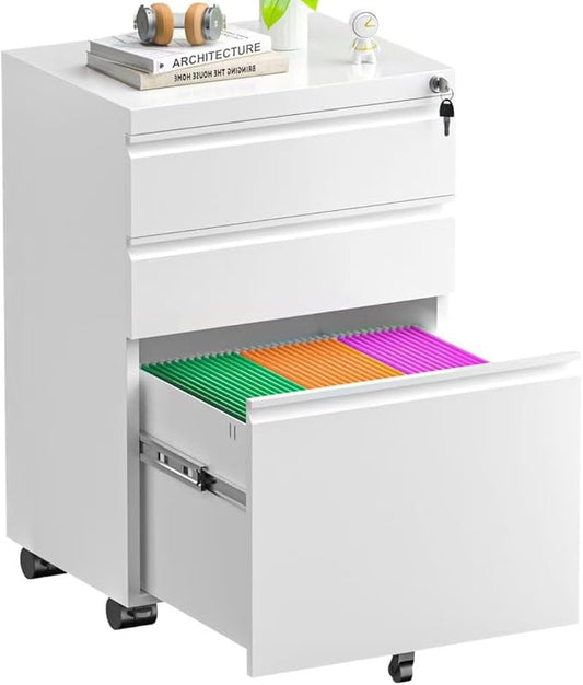 Superday White 3 Drawer Mobile Locking File Cabinet, Metal Rolling Vertical Filing Cabinet with Drawers, Small Under Desk File Cabinets for Office and Home, Fully Assemble