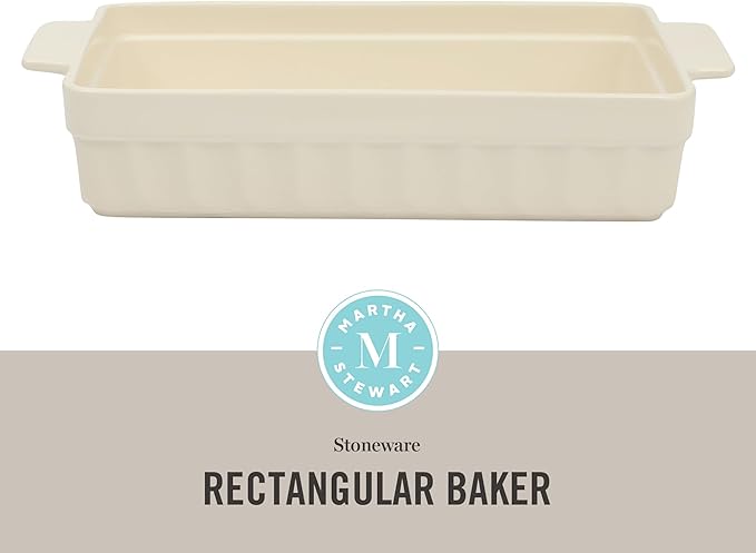 Martha Stewart Broadbrook Ceramic Bakeware, 13x9 Inch Rectangular Baking Dish with Handles, Cream Glazed Stoneware for Casseroles, Lasagna, Roasts & Desserts, Oven & Dishwasher Safe