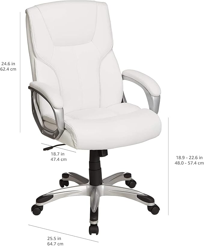 Amazon Basics Executive Home Office Desk Chair with Padded Armrests, Adjustable Height and Tilt, Rolling Swivel Chair, 275 Pound Capacity, White and Pewter