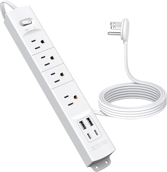 TROND Flat Plug Power Strip USB-5ft Flat Extension Cord Surge Protector Wall Mount, 2 Type C & 2 USB A Ports with Multiple Outlets, 1440J, 1625W for Office Supplies Dorm Room Essentials, White