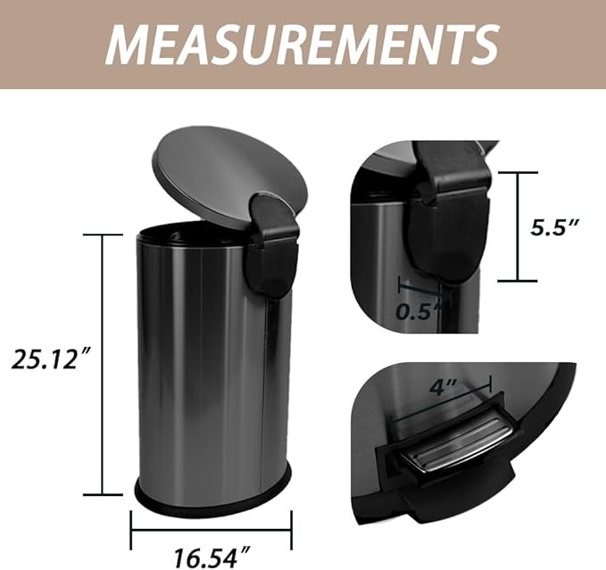 Trash Can with Lid - Assembled in USA 40 Liter/10.5 Gallon Stainless Steel Trash Can with Odor Protection Kitchen Garbage cans with Soft-Close Foot Pedal for Bathroom Home Office, Black