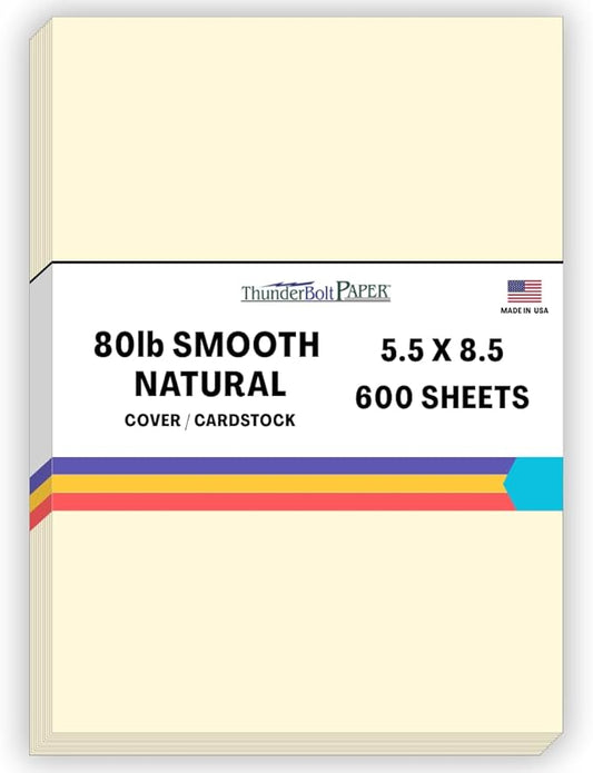 600 Natural Smooth Card Stock Sheets Paper - 5.5 X 8.5 Inches Half Letter | Statement Size - 80# (80 lb/pound) Cover Weight - Quality Paper - Smooth Finish