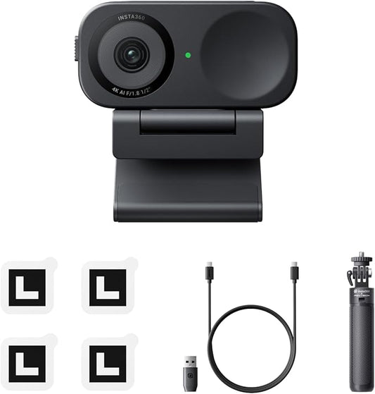 Insta360 Link 2C Tripod Bundle - 4K Webcam for PC/Mac, 1/2" Sensor, Auto Framing, HDR, AI Noise-Canceling Mic, Gesture Control for Streaming, Video Calls, Gaming, Works with Zoom, Teams, Twitch & More