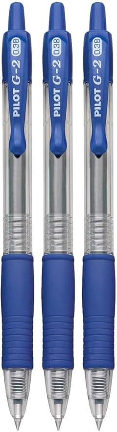 G2 Retractable Premium Gel Ink Roller Ball Pens Ultra Fine Point (.38mm) Blue Ink 3 pack; Refillable & Premium Comfort Grip Bundle with Plastic Reusable Pouch