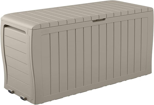 Keter Marvel Plus 71 Gallon Resin Deck Box-Organization and Storage for Patio Furniture Outdoor Cushions, Throw Pillows, Garden Tools and Pool Floats, Beige