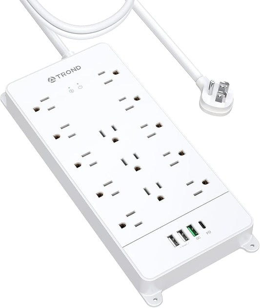 TROND Surge Protector Power Strip 10 ft, Flat Plug Long Extension Cord, 13 Wide Spaced Outlets, 4000 Joules, 32W Quick Charge 3.0 & USB C, Wall Mount, Under Desk, Heavy Duty, ETL Listed, White