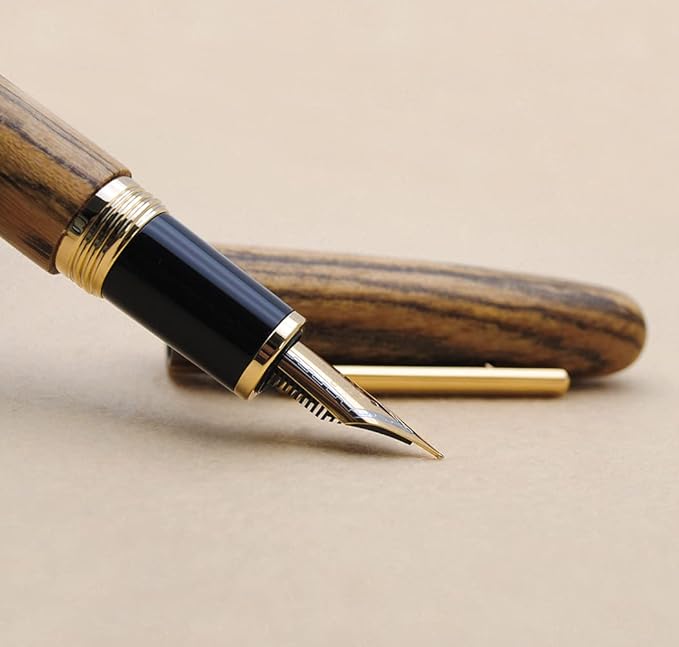JINHAO 9056 Natural Wood Fountain Pen Handmade Ink Pen (Tiger Wood, Medium Nib 0.7mm)