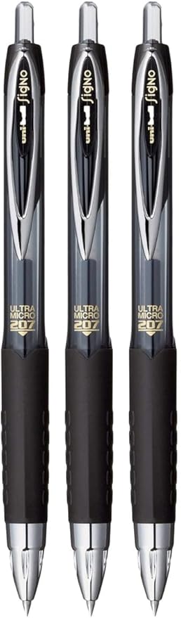 Signo 207 Roller Ball Retractable Gel Pens, Ultra Micro Point (0.38mm), Black Ink, 3 Count, Bundle with Plastic Reusable Pouch