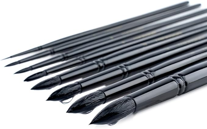Transon 8pcs Round Watercolor Paint Brush Set Goat Hair for Watercolors,Acrylics,Inks,Gouache,Oil and Tempera Black Color
