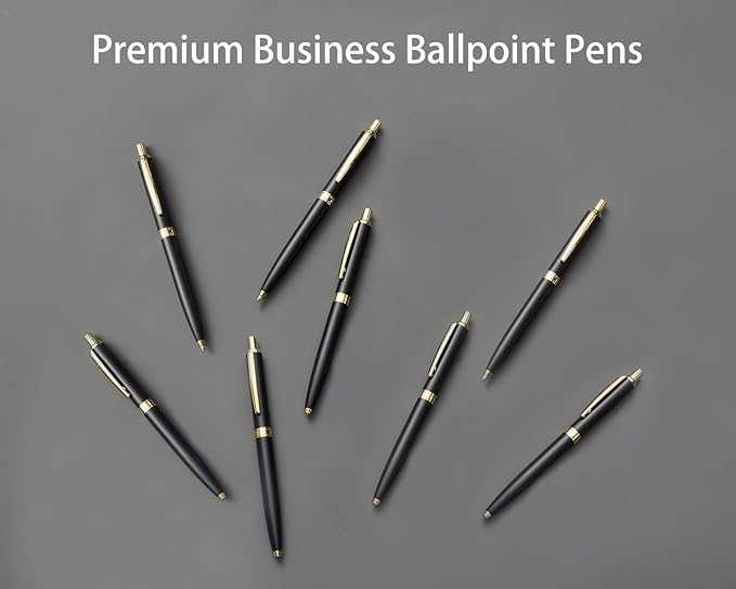 LINFANC 8 Pack Ballpoint Pens, Premium Retractable Metal Ballpoint Pen, Medium Point 1.0mm Black Ink Pen for Home School Work Office Supplies, Matte Black with Gold Trim, Extra 8 Refills