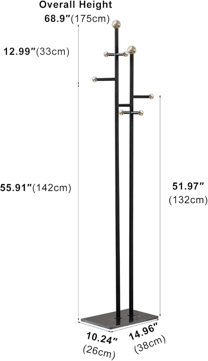 Coat Rack Freestanding with Square Marble Base Heavy Duty Metal Clothes Rack Hanging Stand for Entryway Bedroom Living Room Hotel 14.96 x 10.24 x 68.9 Inches (Black)