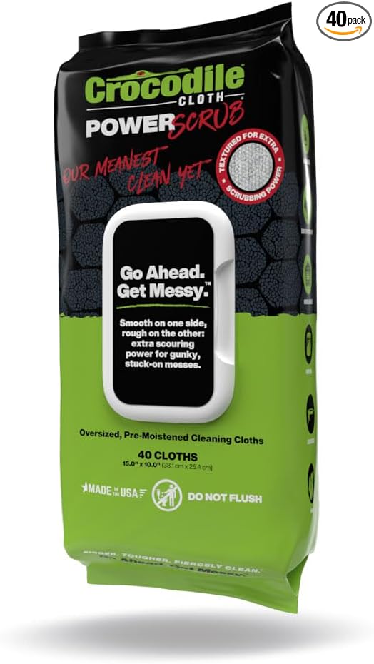 Crocodile Cloth Power Scrub - 40 (15" x 10") Heavy Duty Cleaning Wipes. Safe on Skin & Multiple Surfaces. Infused with Aloe & Vitamin E. Textured, Large, Pre-Moistened & Absorbent.