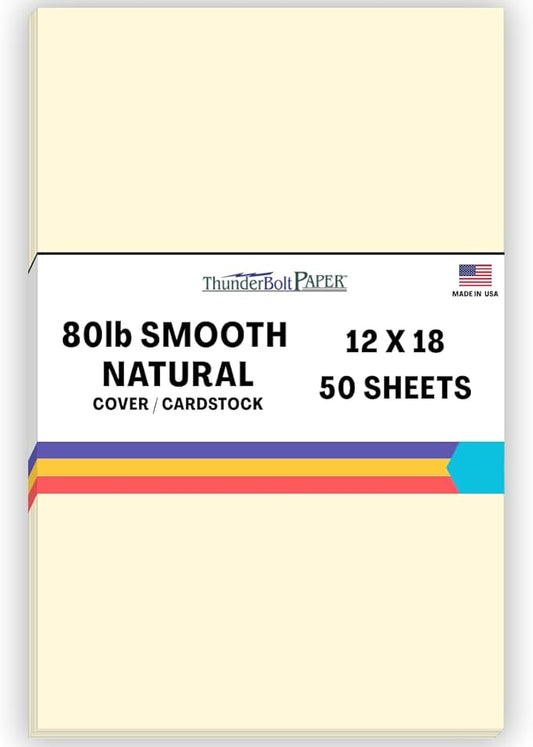 50 Natural Smooth Card Stock Sheets Paper - 12 X 18 Inches Large|Poster Size - 80# (80 lb/pound) Cover Weight - Quality Paper - Smooth Finish