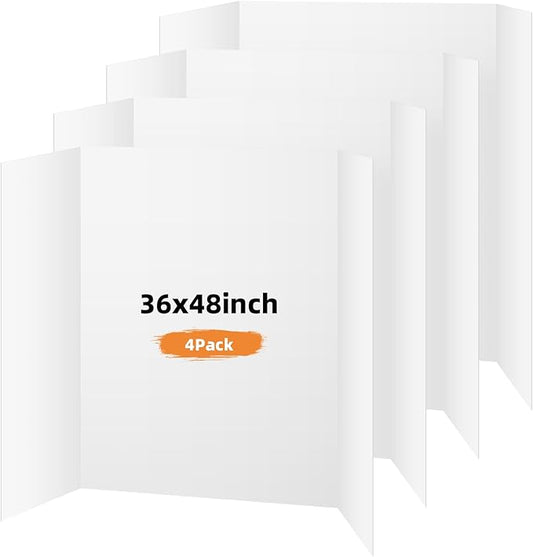 4 Pack Trifold Poster Board, 36x48 Inches White Presentation Board, Portable Display Board for Science Fair, School DIY Project and Business Exhibitions