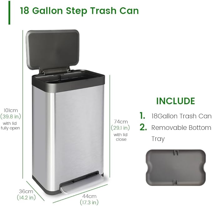 18 Gallon Stainless Steel Step Trash Can with Soft-Close Lid & Stay-Open, Rectangular Kitchen Garbage Bin for Home & Office, Tall Trash Bin No Liner Needed (70 Liter Larger Capacity)