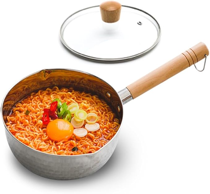2 Quart Stainless Steel Pot With Glass Lid. Traditional Japanese Saucepan Wth Wood Handle, Multipurpose Sauce Pan With Two Side Pour Spouts & Measurement Line, Great for Ramen, Milk etc.