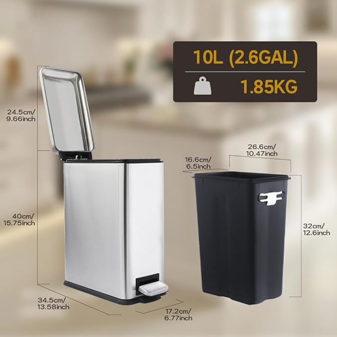 Bathroom Trash Can, 10L/2.6 Gallon Stainless Steel Step Slim Garbage Can, Pedal Trash Bin with Removable Liner Bucket, Soft Close Lid, Rectangle Trash Bin for Office, Kitchen, Bedroom