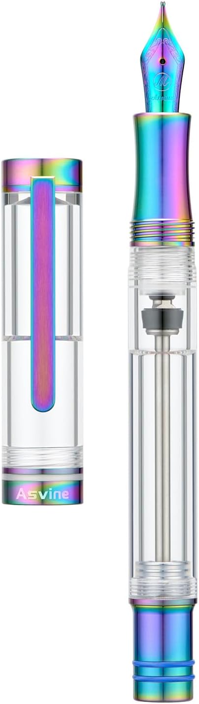 Asvine V200 Titanium Fountain Pen Vacuum Filling, Rainbow Bock Extra Fine Nib Clear Demonstrator Acrylic with Pen Case and Wrench