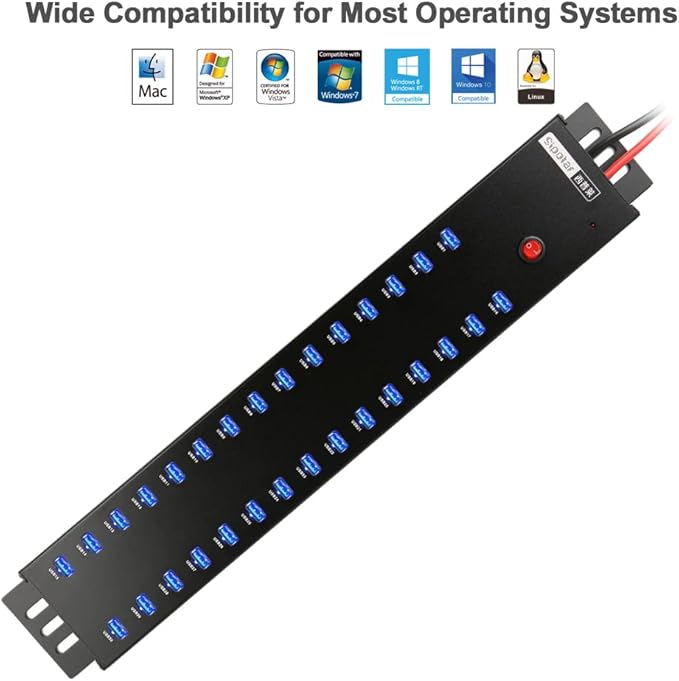 Industrial USB 2.0 Hub 30 Ports with 300W Power Supply Wall Mountable Support Refurbishing and Brush, Batch Data Transfer