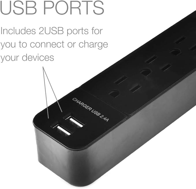 Digital Energy 6-Outlet + 2 USB 1050 Joule Surge Protector Power Strip with 25-Ft Long Extension Cord, Black, UL Listed