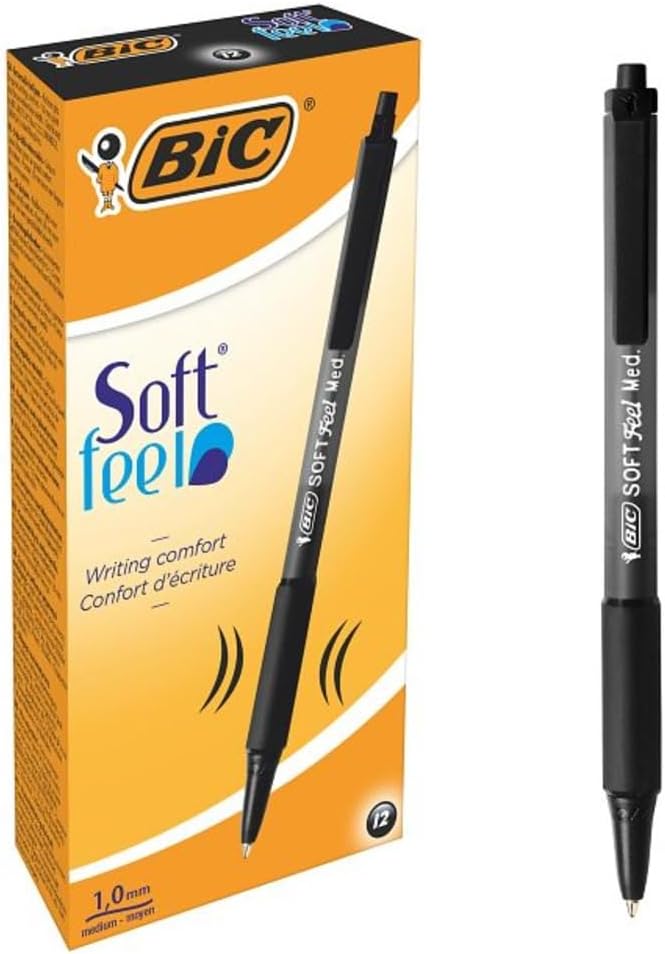 BIC Soft Feel Black Retractable Ballpoint Pens, Medium Point (1.0mm), 12-Count Pack, Black Pens With Soft-Touch Comfort Grip