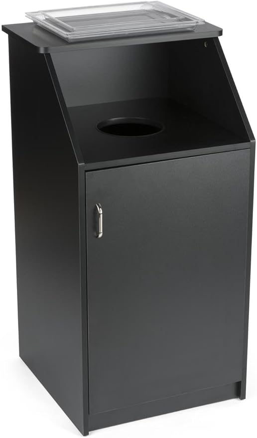 Displays2go Commercial Trash Bin with Black Finish, MDF Construction, Melamine Finish, Circular Cutout - Hinged Door (LCKDTLCSBK)