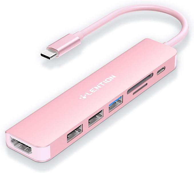 LENTION USB C Hub with 100W Charging, 4K HDMI, Dual Card Reader, USB 3.0 & 2.0 Compatible MacBook Pro, New Mac Air/Surface, Chromebook, More, Stable Driver Adapter (CB-CE18, Rose Gold)