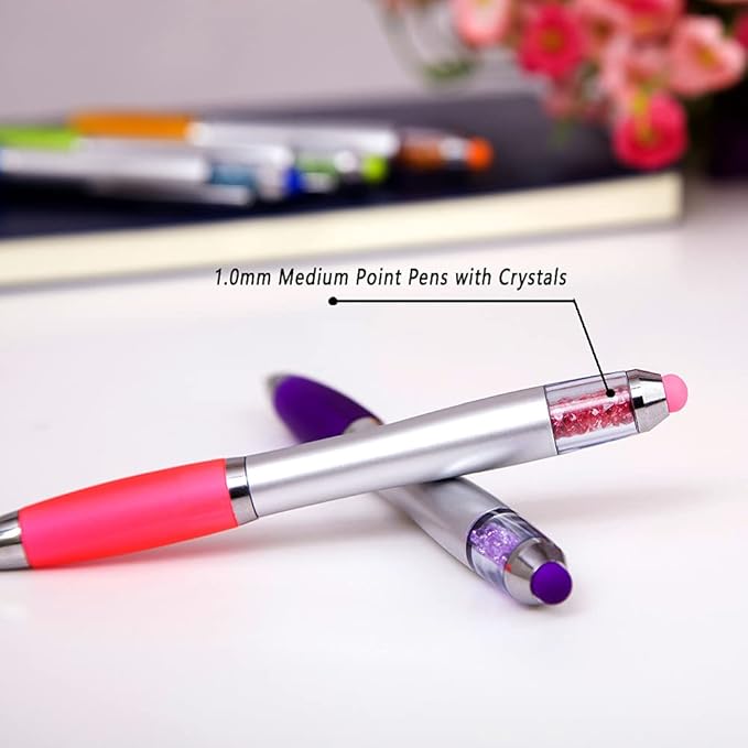 Stylus Pens 2-in-1 Ballpoint Pen 1.0mm Medium Point Pens with Crystals for Women Black Ink Pen with Stylus Ball Point Pen with Comfort Grip for The iPad, 5-Count