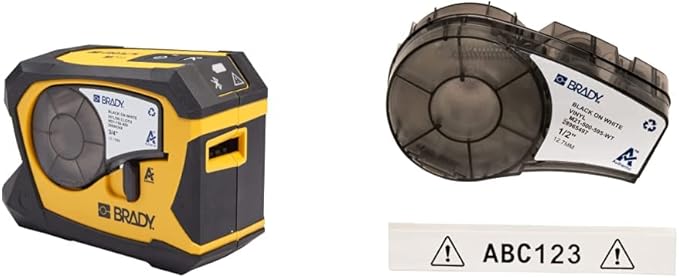 Brady M211 Portable Bluetooth Monochrome Label Printer & Authentic (M21-500-595-WT) All-Weather Vinyl Label for Indoor/Outdoor ID, Lab and Equipment Labeling, Black on White .5" W 21' L