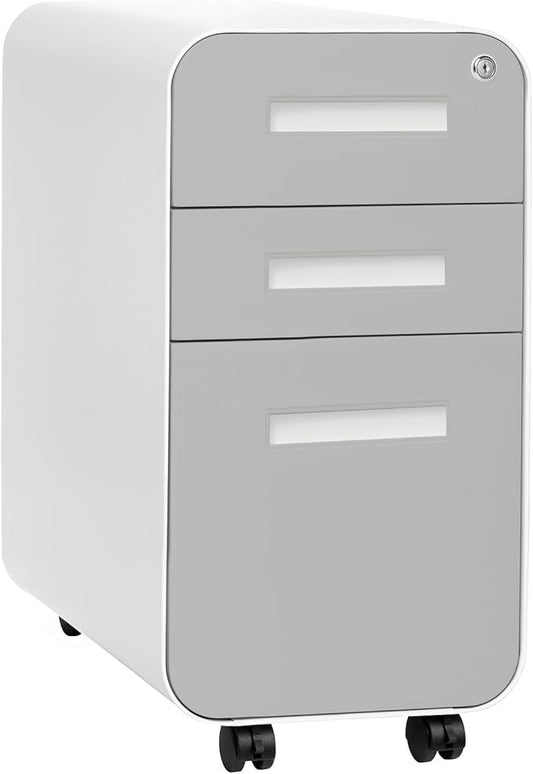 Laura Davidson Furniture Stockpile Slim 3-Drawer Mobile File Cabinet with Lock - Under Desk Metal Filing Cabinet, Legal/Letter File Folders, Wheels & Stationary Feet, Assembled, Light Grey Faceplate