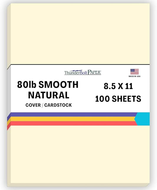 100 Natural Smooth Card Stock Sheets Paper - 8.5 X 11 Inches Standard Letter|Flyer Size - 80# (80 lb/Pound) Cover Weight - Quality Paper - Smooth Finish